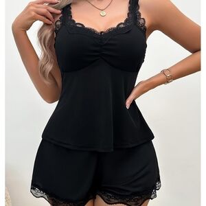Lace-Trim Large Black Satin Sleep Cami & Shorts Set (Never Been Worn)
